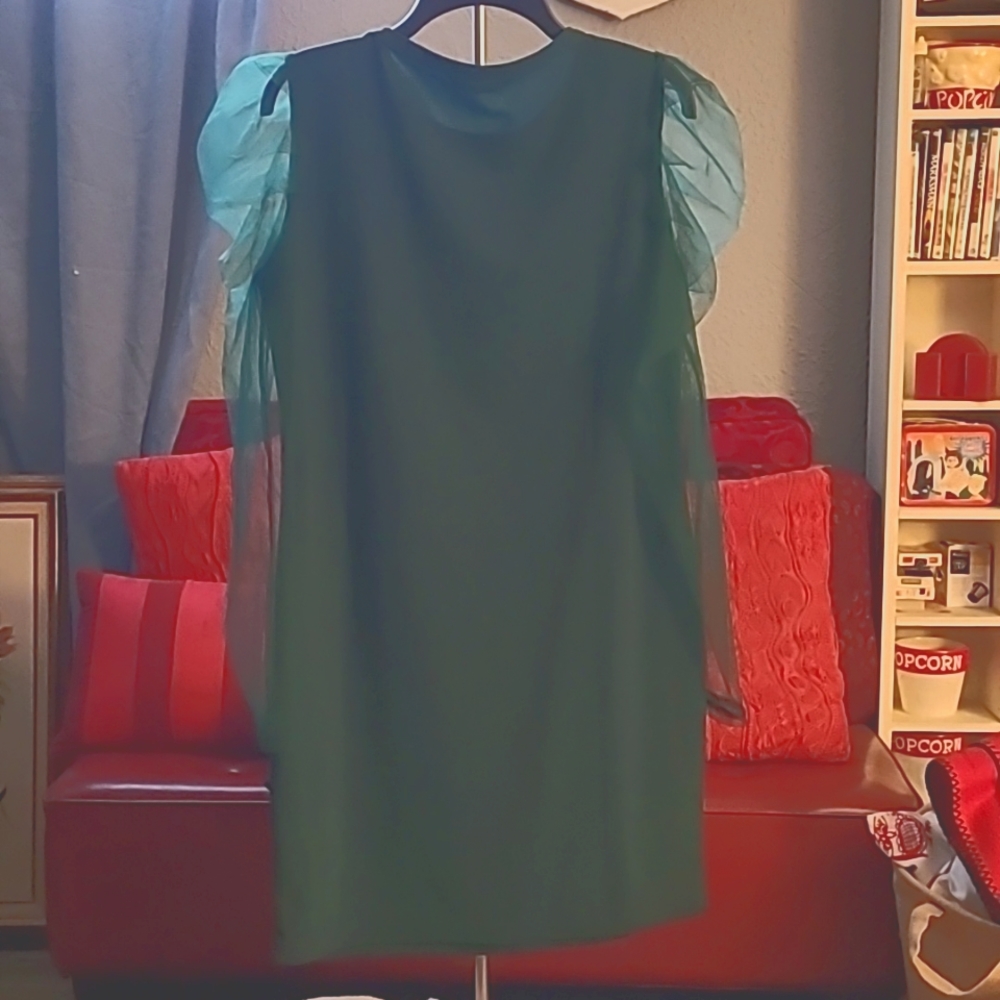 Shein green bodycon dress with ruffled tulle sheer sleeves size 12